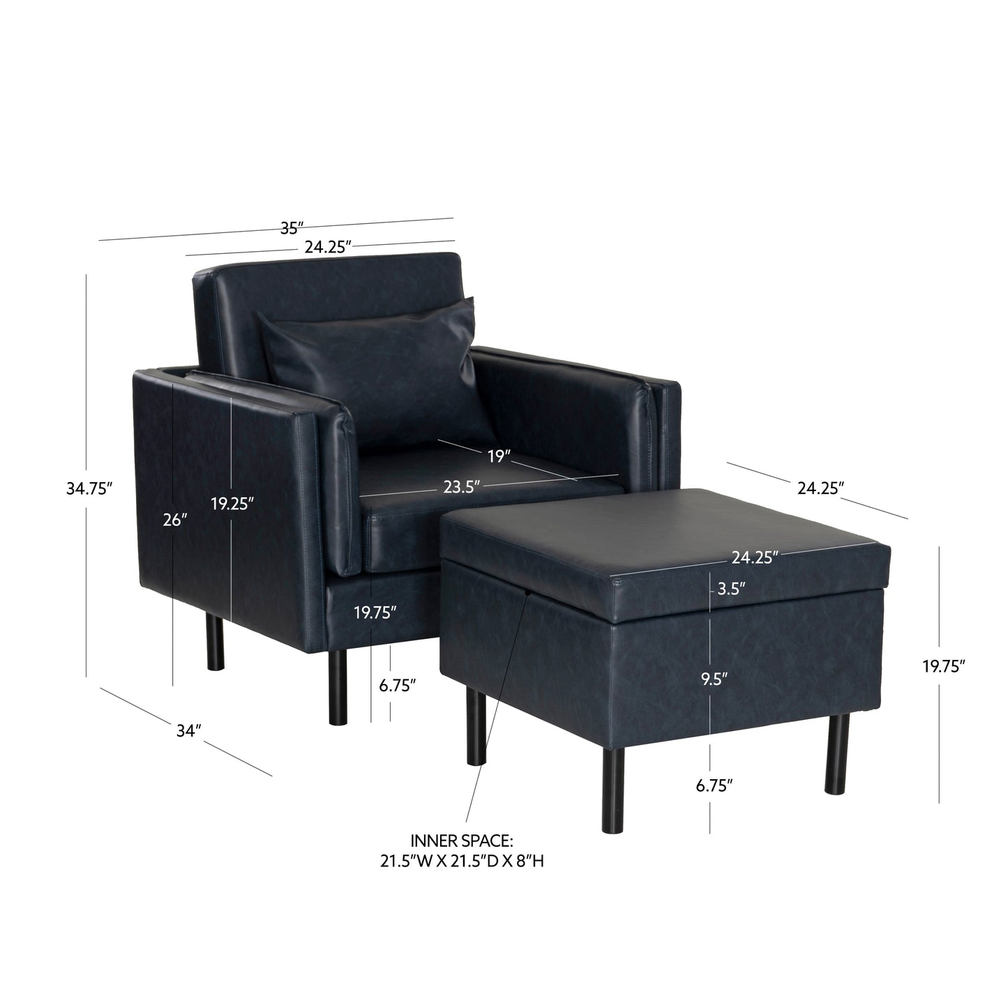 Ensemble fauteuil et repose-pieds Welby bleu marine en similicuir
