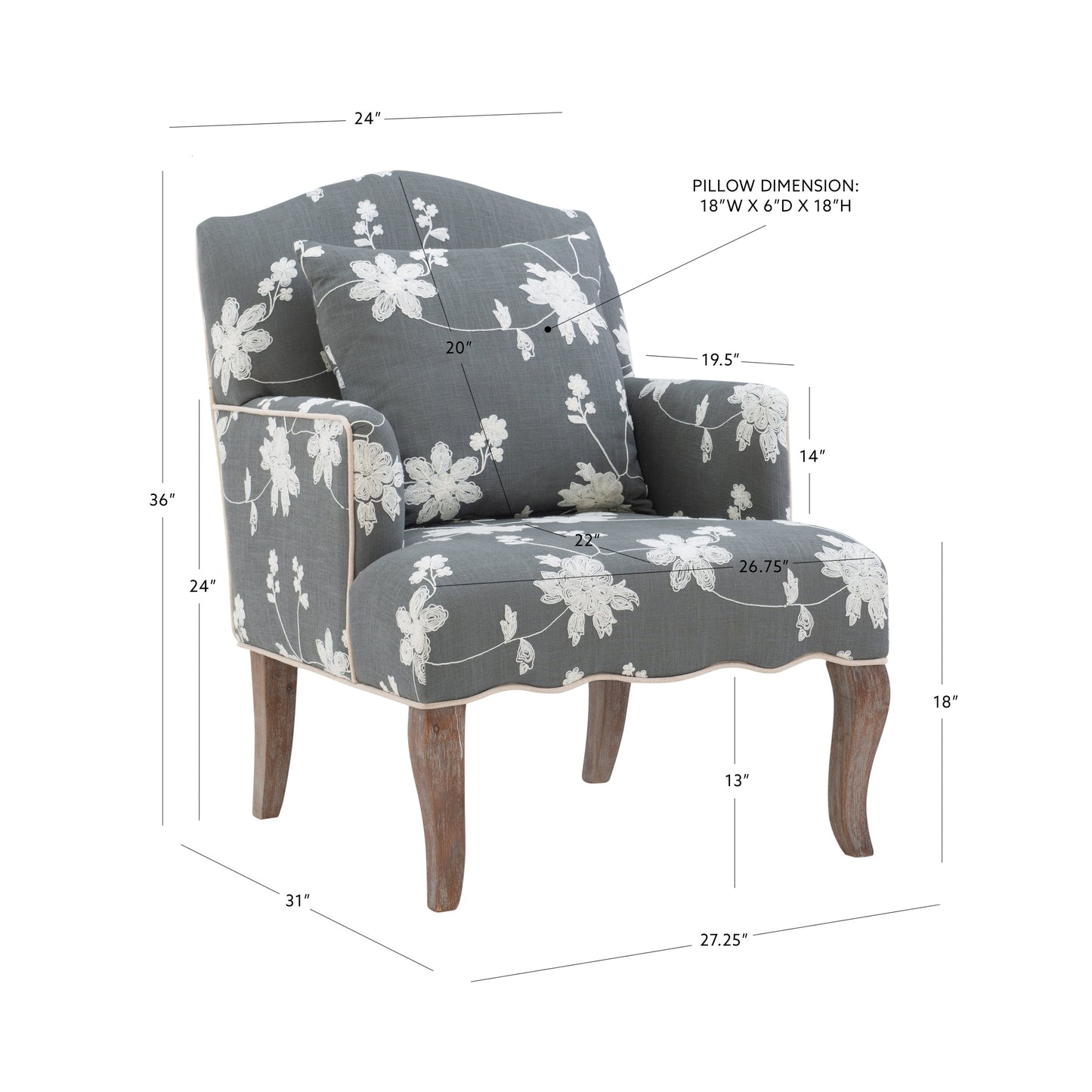 Fauteuil brodé à fleurs Kenna Gray