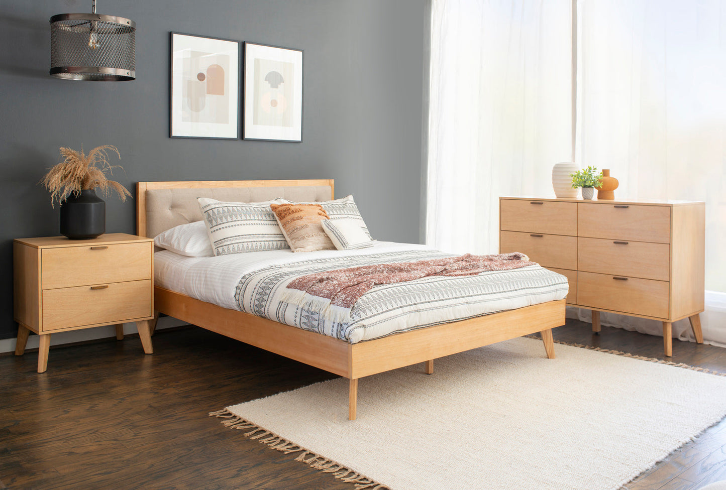 Ensemble de chambre à coucher 3 pièces Hudson Mid Century, naturel, format Queen