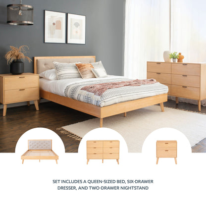 Ensemble de chambre à coucher 3 pièces Hudson Mid Century, naturel, format Queen