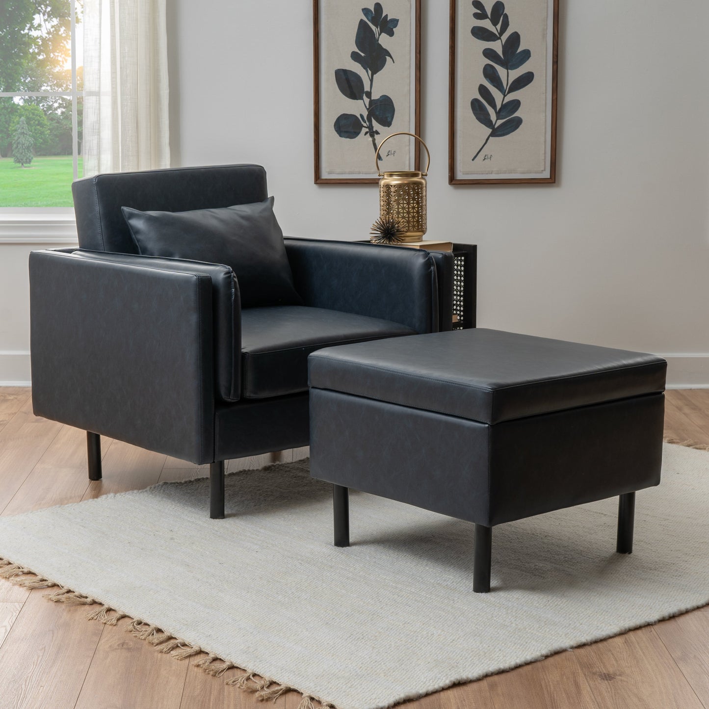 Ensemble fauteuil et repose-pieds Welby bleu marine en similicuir