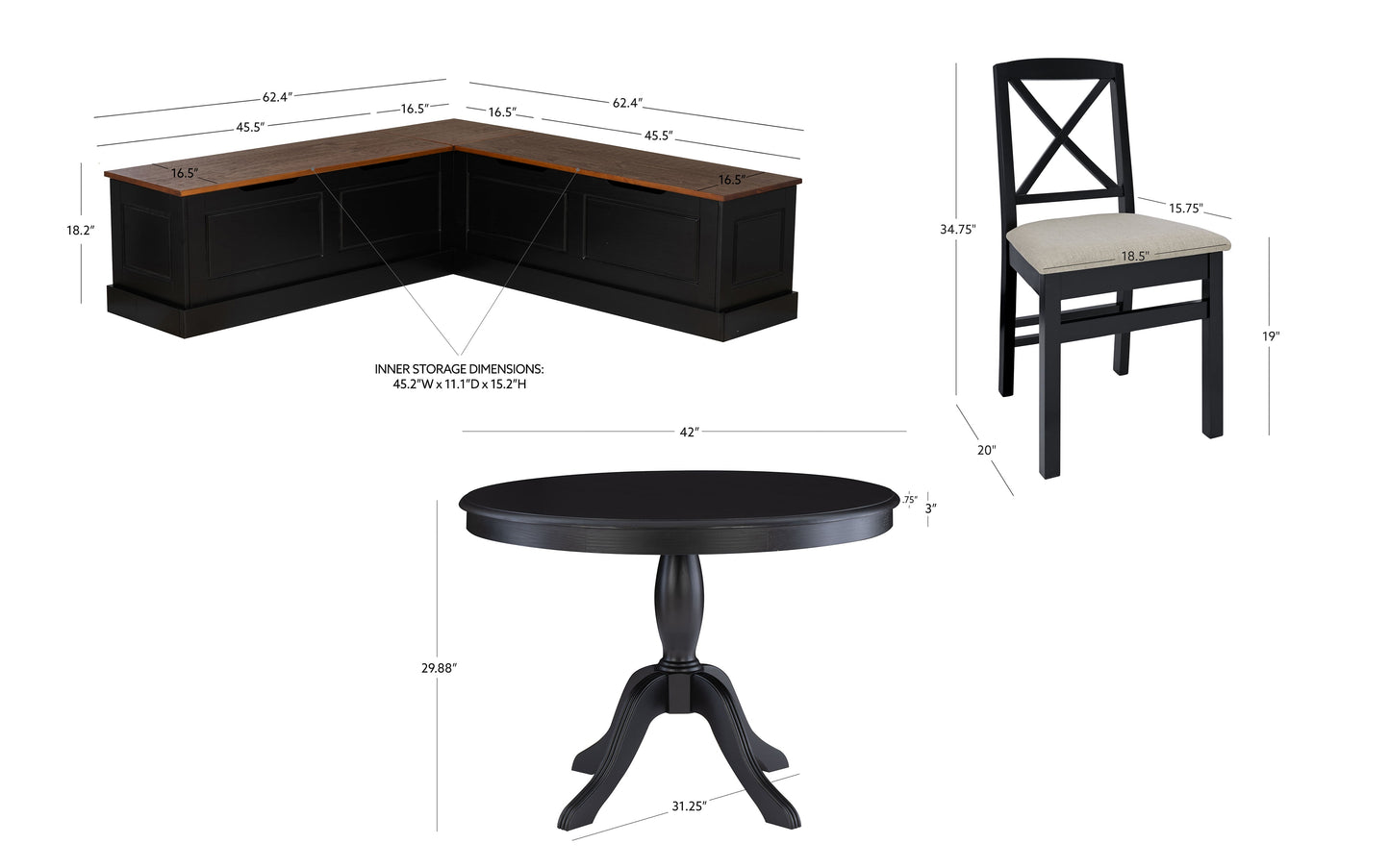 Table d'angle en noyer noir Norah, 2 chaises